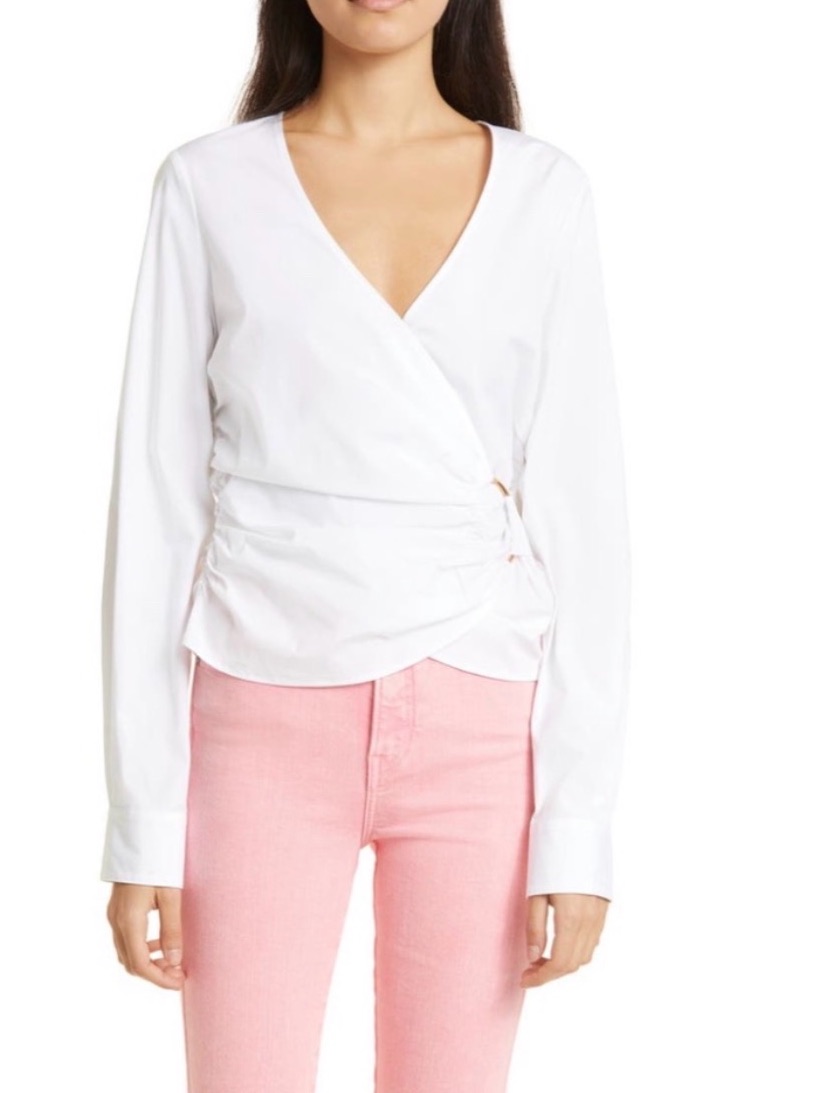 Veronica Beard White Ozzie Wrap V-Neck Long Sleeve Shirt
